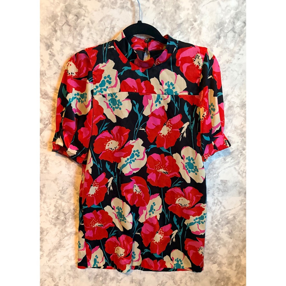 Zara Trafaluc Poppy Floral Print Mock Neck Short Sleeve Mini Dress Size S
